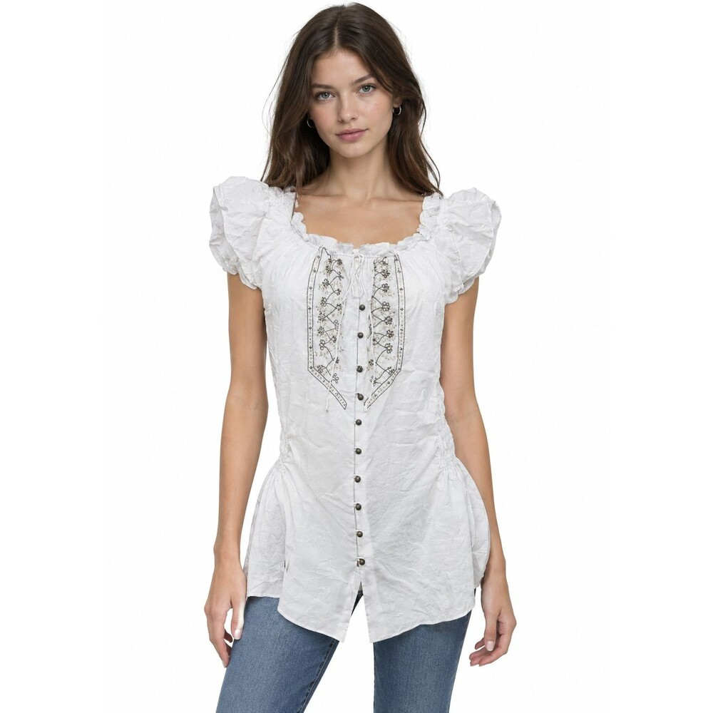 Womens Size 8 White Cotton Silk Medieval Peasant Blouse Boho Tunic Top